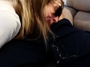 Blonde girl in bukkake session at home with one man